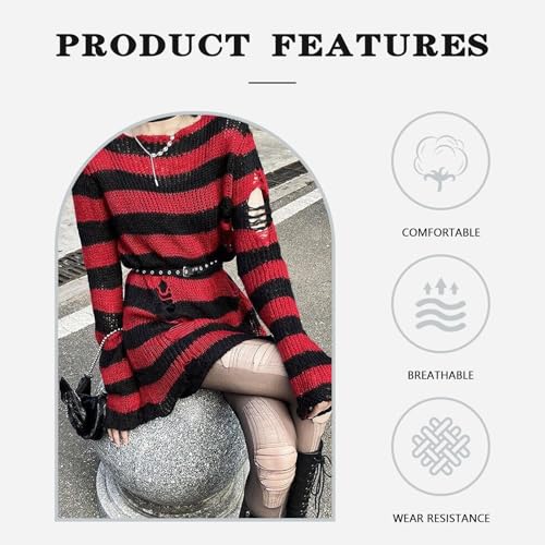 Image of Goth Y2K Striped Sweater with Belt Ripped Punk Gothic Long Sweaters for Women Grunge Distressed Halloween Pullover Tops