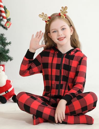 Image of Veseacky Family Christmas Pajamas Matching Sets Adult Onesie Zipper Hooded Footed One-Piece Pjs Jumpsuits