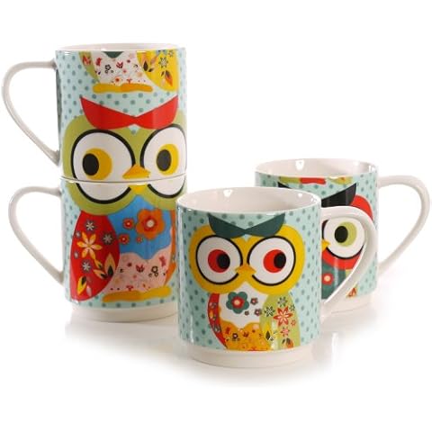Set of 4 Owl Mugs Cups, Coffee Mugs, Modern, Multi-Color Cover