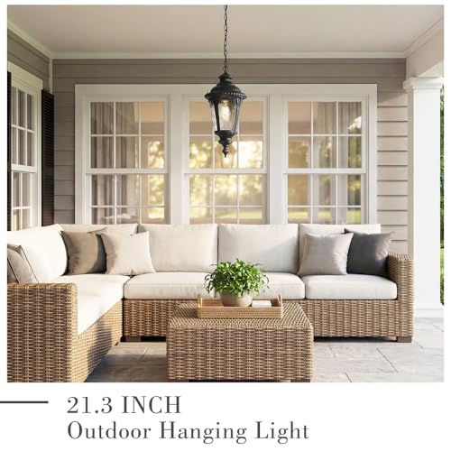 Image of Emliviar 21.3 Inch Modern Hanging Light Fixture, Adjustable Black Outside Pendant Light Fixture with Water Ripple Glass Shade for Patio, XE265H-M BK-SW