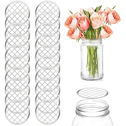 Mlurcu Mason Jar Flower Frog Lid Inserts 20PCS Metal Mason Jar Lid Organizer Mesh Vase Grid Lids with Square Grids Straw Holes for Wide Mouth Mason Canning Jars Flower Arrangements(86mm) Cover