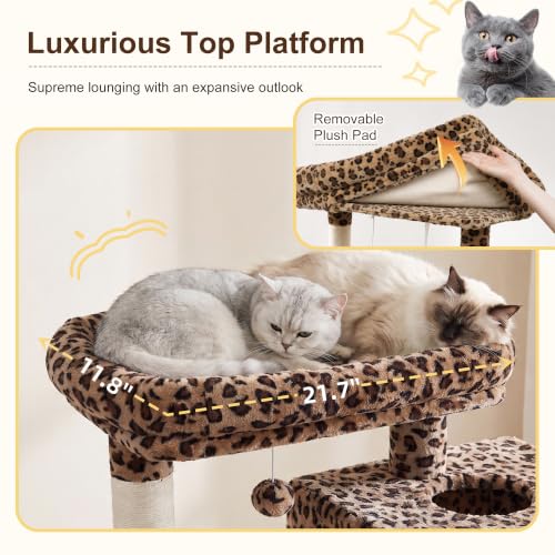 Image of Heybly Cat Tree, 76-Inch Tall Heavy Duty Cat Tower for Big Cats HCT039BW | Multi-Level Large Cat Furniture with Extra Wide Baseboard, 2 Condos & 2 Hammocks, 10 Scratching Posts, Leopard Print