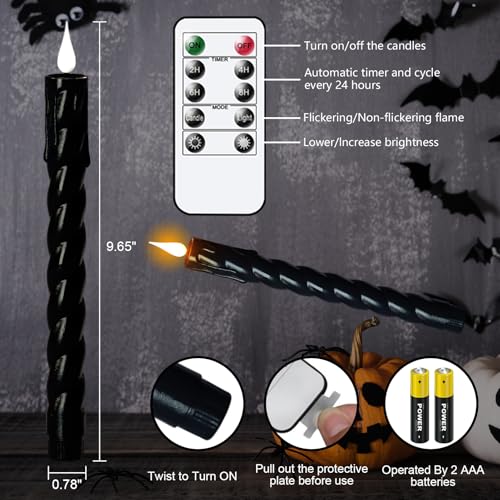 Image of Flickering Flameless Taper Candles with Remote and Timer, 2 Pack Battery Operated LED Taper Candles 3D Wick Plastic Dripping Effect Dinner Halloween Indoor Decor(Black, 0.78 inch D x 9.65 inch H)
