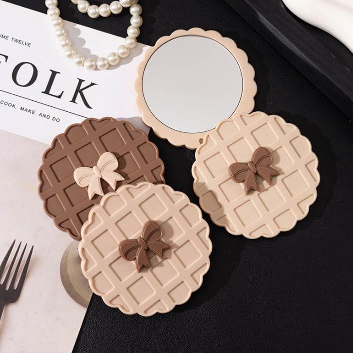 Image of Pocket Makeup Mirror | Small Compact Face Mirror for Makeup | Cute Waffle Design Portable Pocket Size Mirror for Purse & Travel (Brown)