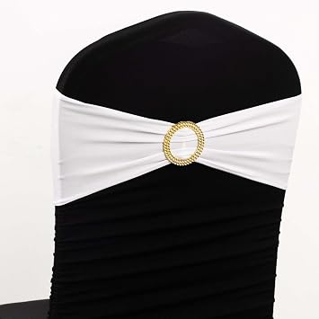Efavormart 5 Pack White Spandex Chair Sashes Covers with Gold Rhinestone Buckles, Elegant Stretch Chair Bands and Slide On Brooch Set - 5"x14"
