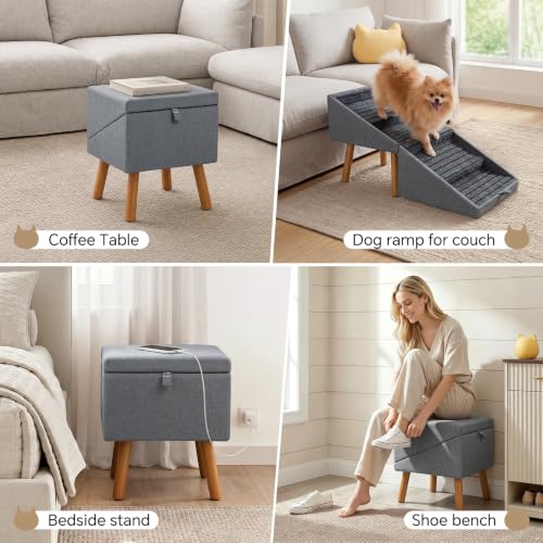 Image of Luciphia 2-in-1 Wooden Pet Stairs & Ottoman 17 inch H Foldable Dog Ramp with Solid Wood Frame & Tech Cloth Surface Pet Footstool Steps with Non-Slip Surface for Puppy Senior Injured Dogs Couch Bed