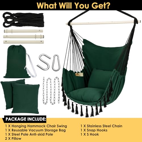 Image of Y- STOP Hammock Chair Hanging Rope Swing, Max 500 Lbs, 2 Cushions Included, Large Macrame Hanging Chair with Pocket for Superior Comfort, with Hardware Kit, Green
