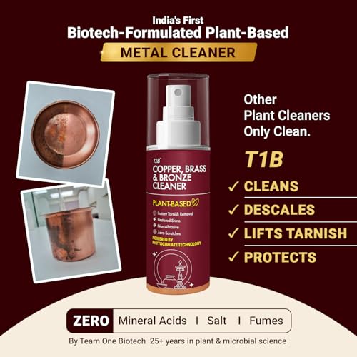 Image of T1B | India's 1st Concentrated Plant-Based Copper, Brass & Bronze Cleaner Spray | Tarnish, Oxidation & Stain Removal | Suitable for Utensils, Idols, Diyas, Cookware 150 (Pack of 2)