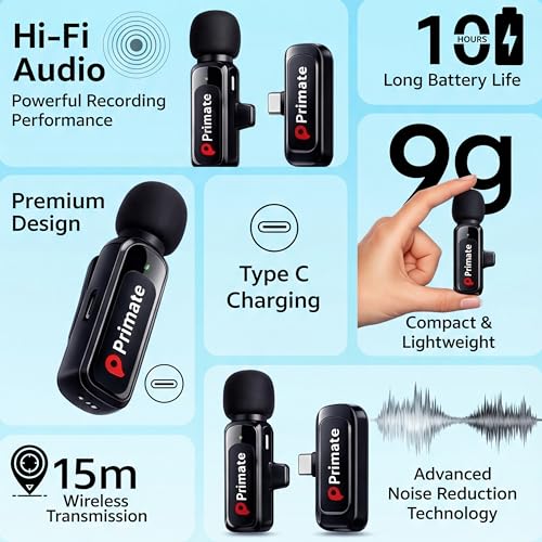 Image of Primate Wireless Lavalier Microphone for YouTube, Vlogging & Interviews, 20M Stable Range, Plug & Play Clip-On Mic with Type-C Receiver for Android, iPhone 15 /16, Camera & Recording 2Pcs