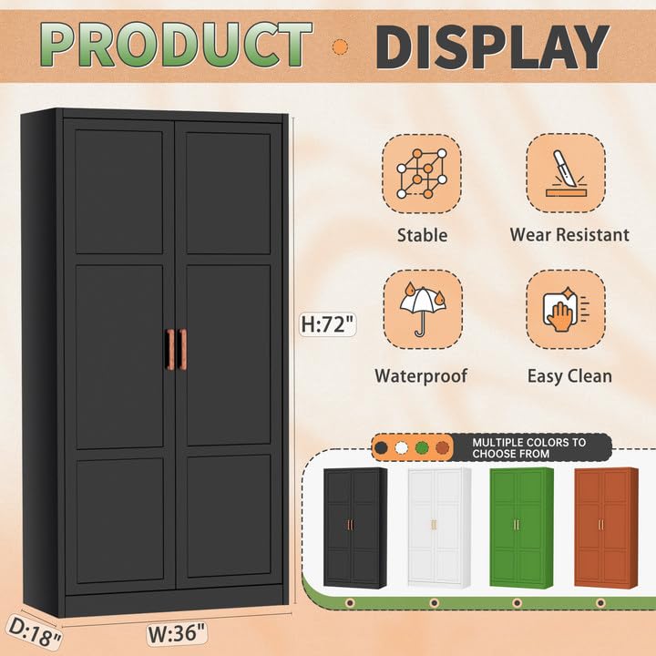 Greenvelly Metal Wardrobe Closet with Doors and Shelves,72" Black Armoire Wardrobe Closet for Hanging Clothes for Home,Bedroom,School,Employee,Gym(36" W x 18" D,Warm Style) - Image 4