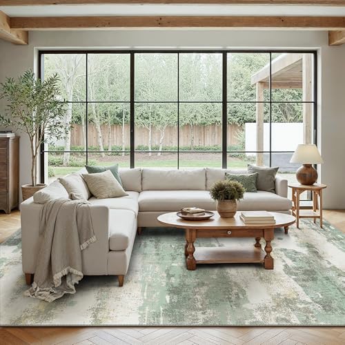 Area Rugs 10x14 for Living Room Bedroom, Modern Abstract Machine Washable Large Light Green Rug Soft Rug, Low Pile Floor Carpet with Non Slip Backing for Dining Room