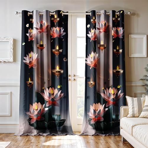 Image of Ultimate Trends Festival Themed Light Filtering Polyester Curtain Diya, Lantern, Lotus & Fireworks Print | Ideal for Diwali, Pooja Room, Living Room Dcor | Eyelets|, 5 FEET (Pack of 2)