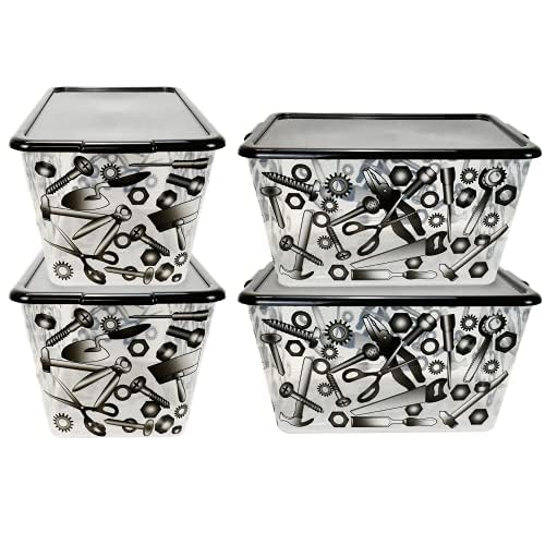 Image of SIMPLYKLEEN Clear Storage Organizer Bins with Lids - 4PC 14.5G /58-Quart Heavy-Duty Container Boxes Stackable and Nestable Printed Storage Bins Plastic Large Storage Totes for Home, Office Organization