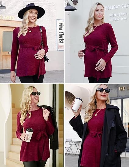 Ekouaer Women's Maternity Shirts Long Sleeve Pregnancy Tops Casual Ribbed Knit Winter Pregnant Blouses - Image 2