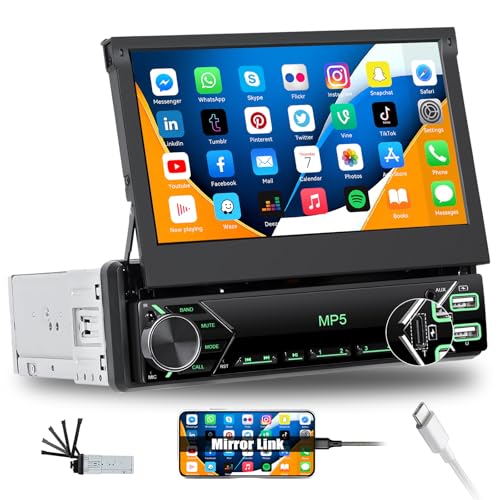 SIXWIN Autoradio 1 Din mit Bluetooth-Freisprecheinrichtung,7 Zoll Ausfahrbarem Display unterstützt Type-C Laden丨USB/AUX/TF/FM丨7 Farblichter丨Mirrorlink Lenkradsteuerung