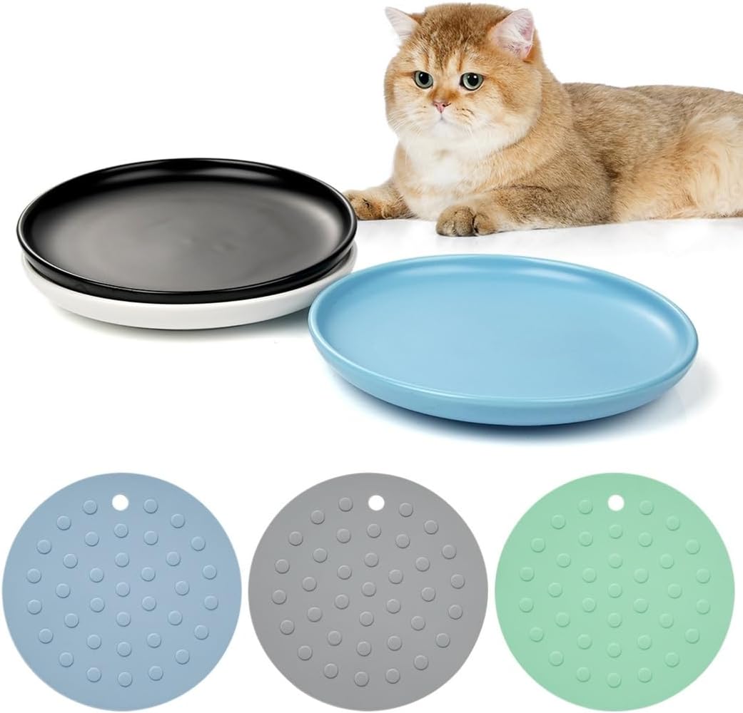 3-Pack Ceramic Cat Feeding Bowls, Whisker Stress-Free Plates with 3 Anti-Slip Mats, Wide & Shallow Design to Ease Whisker Fatigue, Suitable for Cats, Kittens, Puppies, Dishwasher Safe