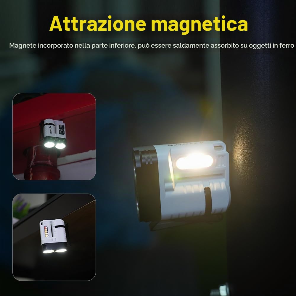 BORUIT U6 Torcia LED Potente Professionale 1600 Lumen, Ricaricabile A/C-C Torce con Magnete a Clip, IP68 Impermeabile EDC Piccola Mini Flashlight Per Campeggio Emergenza