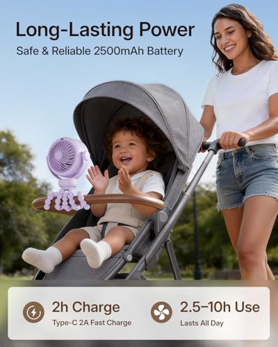 Image of SWEETFULL Portable Stroller Fan, Pinch-Proof Baby Fan - Purple