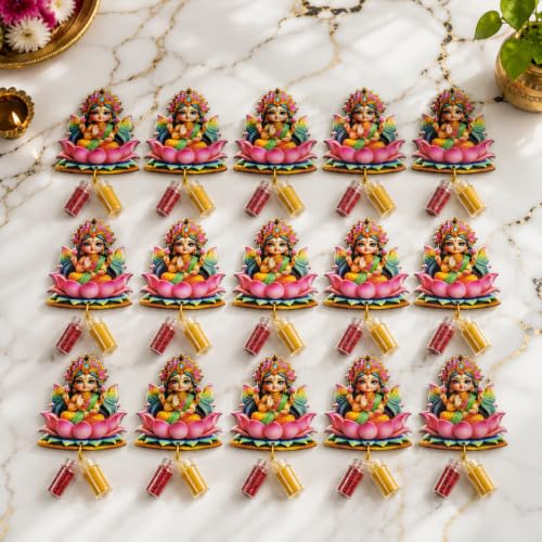 Image of CraftVatika Haldi Kumkum Return Gifts in Bulk Festive Decor, Pasupu Haldi Bottle Maa Laxmii Cutout, Thamboolam Return Gifts for Wedding, Pooja, Navratri Diwali Babyshower Gift for Family (15 Pcs)