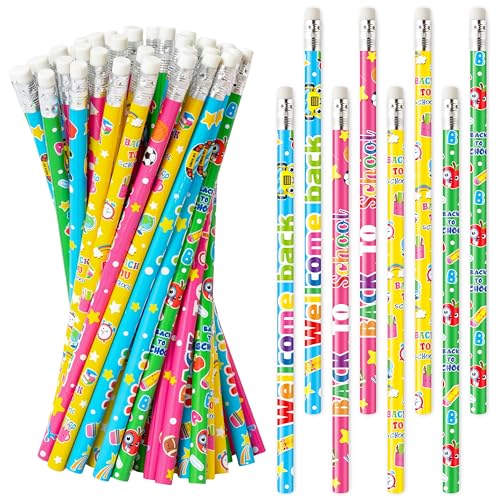 Xqumoi 60Pcs Back to School Pencils with Erasers - 4 Designs #2 HB Pencil in Bulk Welcome Back to School Stationery for Student Classroom Rewards Goodie Bag Fillers Birthday Party Favors Supplies