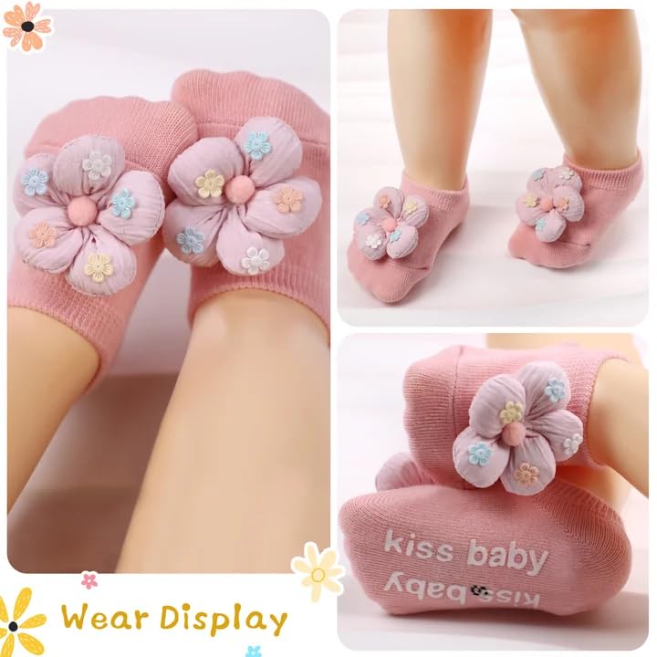 4 Packs Baby Socks for Girls,Flower Non Slip Socks for Newborn Infant Preemie Cute Princess Dress Ankle Sock4