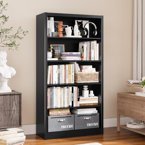 Image of VASAAOSD Black Bookshelf, 55 inch Adjustable Tall Metal Bookshelf, 5-Tier Toy Storage Organizer with Anti-Tilt Device, Modern Book Cases and Book Shelves for Bedroom, Playroom, Classroom, Study