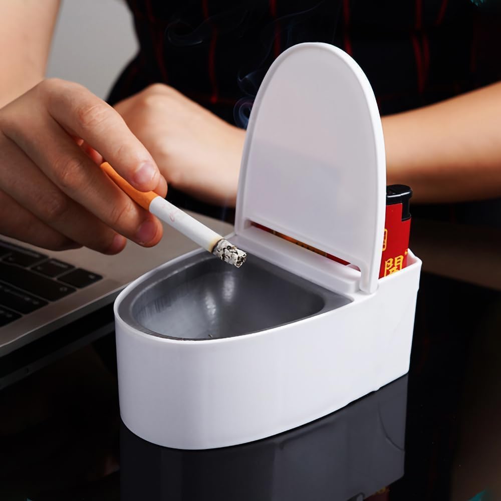 Cigarette Ashtray with Lid, Wall-mounted Ash Tray for Smokers, Toilet Shaped, Self-Adhesive, for Home Office (White) (1Pcs)-picture-17