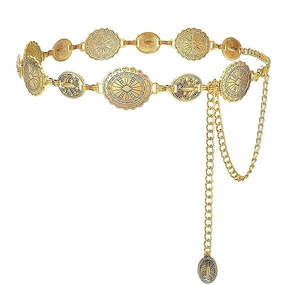 metal chain belt, adjustable metal waist chai for women, western cowgirl dress belt, gold waist chain, suitable for dresses and jeans, one size