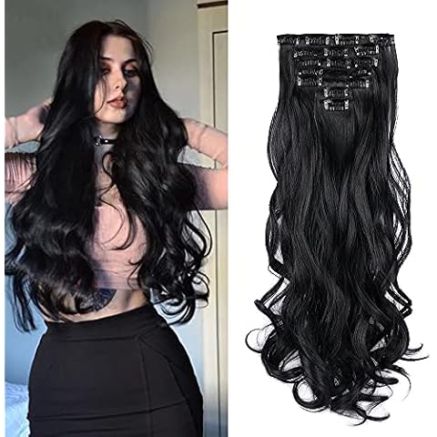 Clip In Hair Extensions Long Wavy 7 PCS Invisible Clip Thick Hairpieces Black Hair Piece Soft Full Head Synthetic Fiber for Women, 22 Inches (Natural Black#) Cover