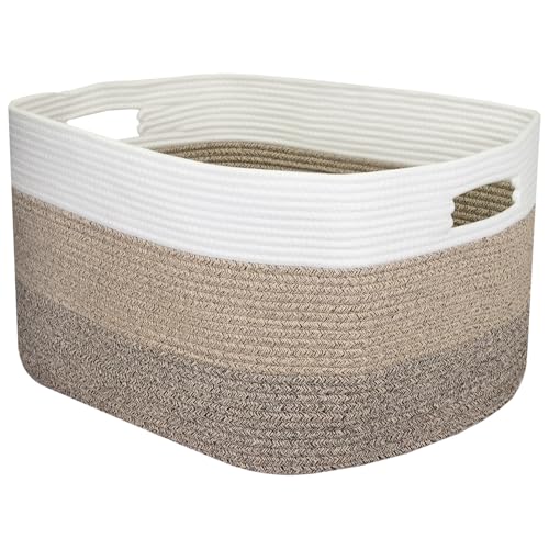 HMF XXL kosz na pranie z bawełny, prostokątny kosz do przechowywania z uchwytami | 55 x 43 x 30 cm | biało-brązowy