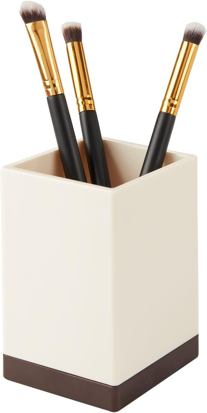 mDesign Modern Square Tumbler Cup for Bathroom Vanity Countertops - for Mouthwash/Mouth Rinse, Storing and Organizing Makeup Brushes, Eye Liners, Accessories - Slim Design - Cream Beige/Bronze
