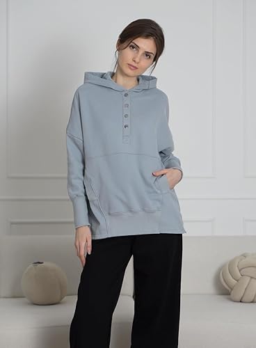 Miniatura 3 de AlvaQ Sudadera casual con cuello en V y botones para mujer, sudadera de gran tamaño, con capucha y bolsillos