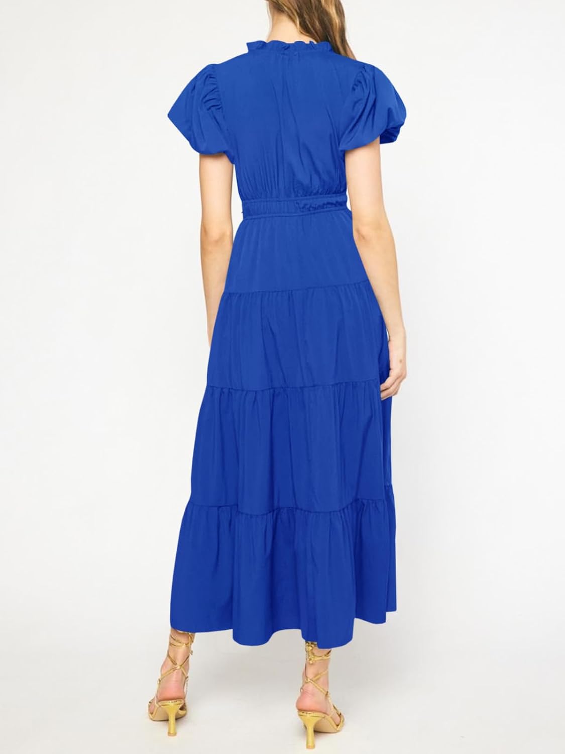 Wenrine Womens Summer Midi Dress Puff Short Sleeve V Neck Flowy Tiered Beach A-Line Dresses - Image 7