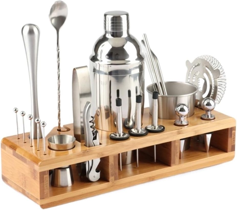 23pcs Stainless Steel Cocktail Shaker Set Barware Kit with Square Wooden Rack for Bartender Drink Party Bar Tools(75cm)