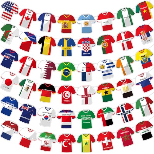Soccer Jersey Flags Bunting Banner 49Pcs International Country String Flags Soccer Fan Garland for World Soccer Cup Party Decorations, Soccer Themed Birthday, Sports Watch Parties, Outdoor Events