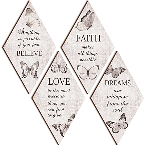 FairySandy 4 Pcs Faith Love Dream Wall Decor Wooden Inspirational Butterfly Wall Art Bedroom Wall Decor Grey Motivational Quote Rustic Hanging Prints Sign for Home Office Room Decoration, 7 x 12 Inch