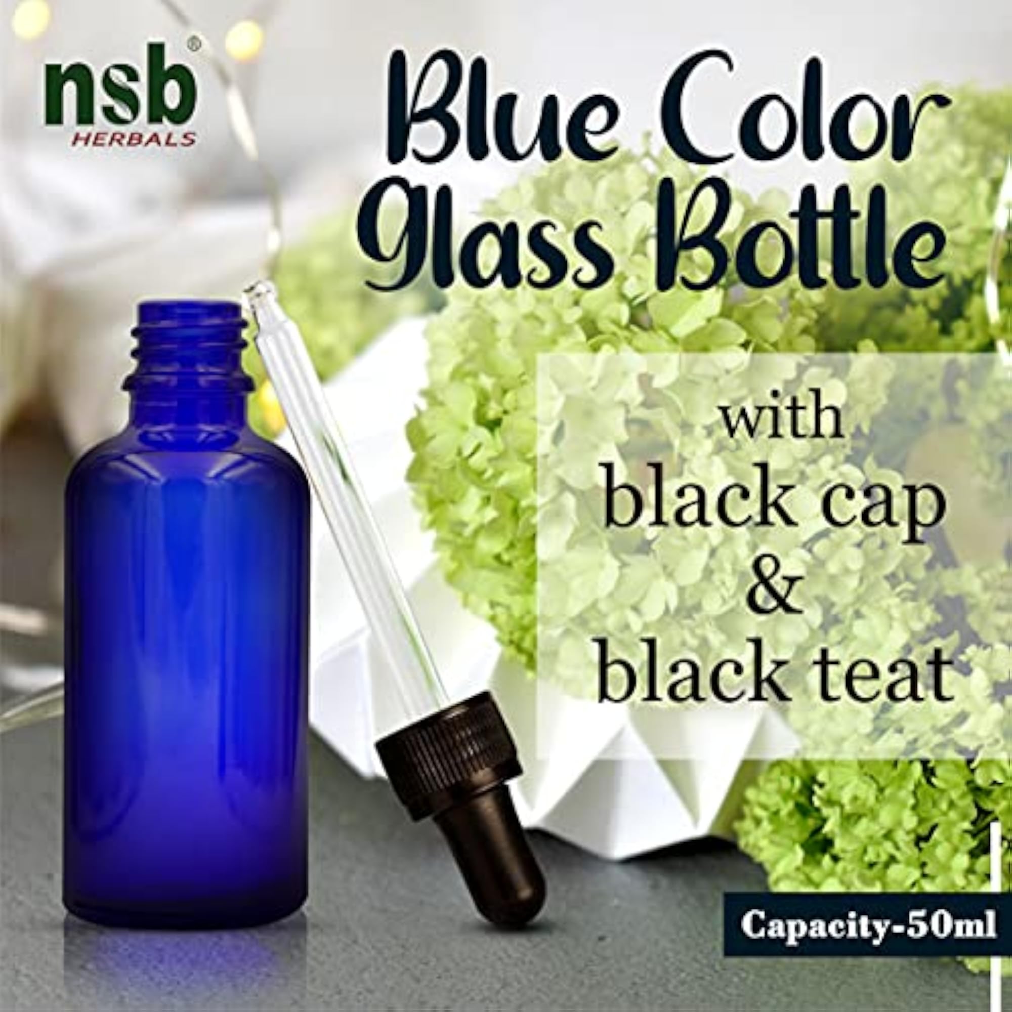 50ml Blue Round Glass Bottle with Dropper, Refillable