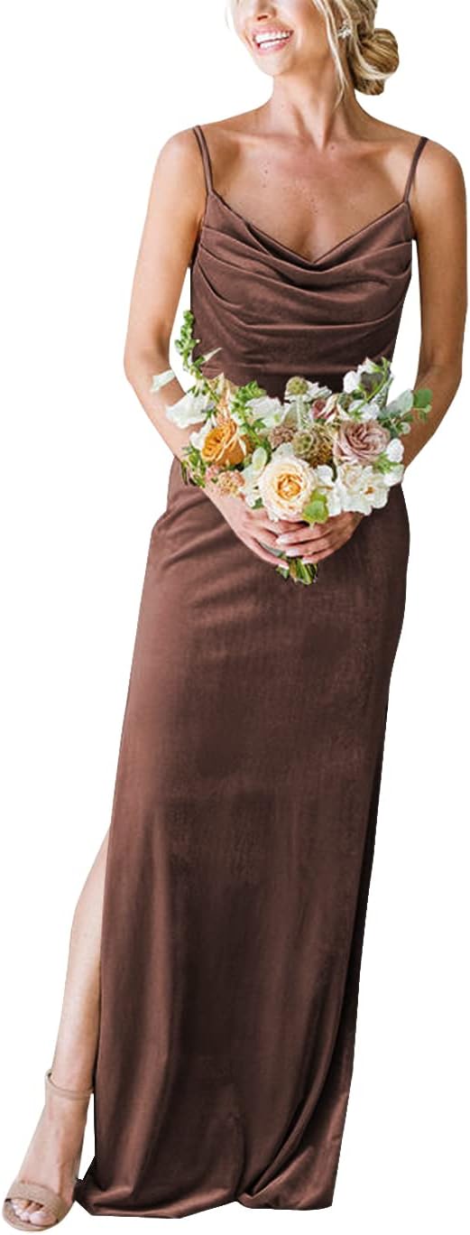 Women's Cowl Neck Velvet Bridesmaid Dresses Long Modern Formal Wedding Guest Dress with Side Slit M005