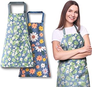 TOSCOS 2PCS Kitchen Aprons Flower Pattern, Cooking Apron with Pockets Waterproof Adjustable Chefs Aprons for Women Teen Girls