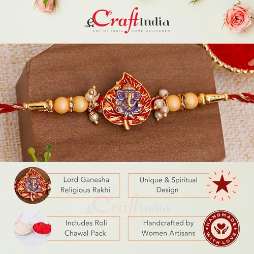 Image of eCraftIndia Golden, Red & Purple Lord Ganesha On Leaf Religious Rakhi, Wooden Cutout with Roli Chawal Pack - Rakhi for Brother, Bhaiya, Bhai