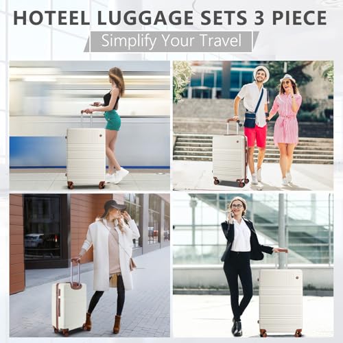 Hoteel Luggage Sets 3 Piece ABS PC Suitcases with Wheels and Side Hook Hardshell 20/24/28 inch Luggage set for Family Trip,Beige2