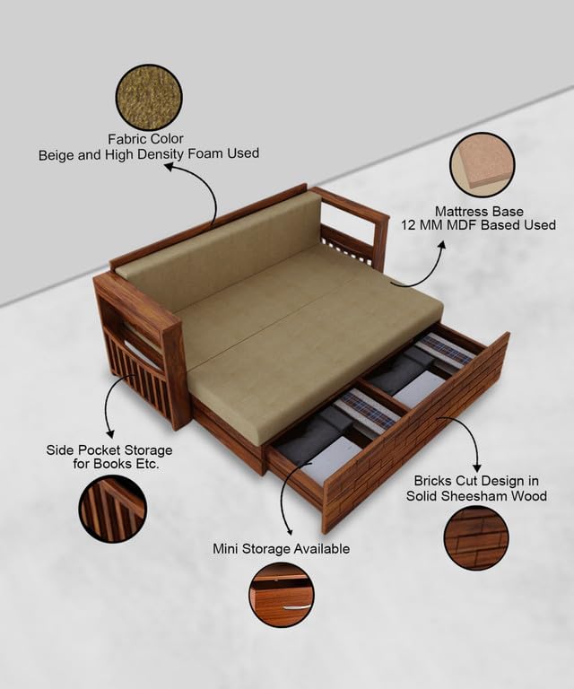 Image of Solid Sheesham Wood Sofa Cum Bed 3 Seater | Wooden Foldable Double Bed for Living Room with Headboard & Storage | Bed Cum Sofa with Mattress for Bedroom Furniture (Honey Finish)