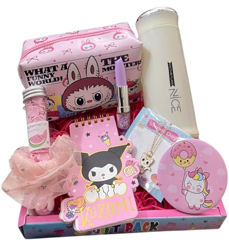 Image of Le Delite Birthday Gift for Sister I Combo Gift Hamper | Stylish Makeup Pouch, Glass Water Bottle, Pendant Necklace, Scrunchie, Soap Tube, memopad Spiral Diary & Lipstick Pen (rainbow combo) 100 Pages