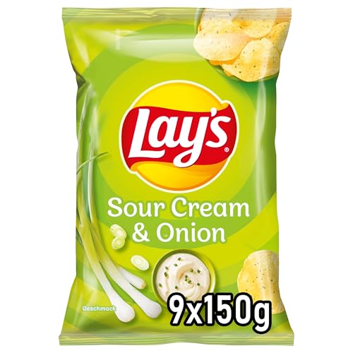 Lay's Sour Cream & Onion – Knusprig gewürzte Kartoffelchips für eine gelungene Party (9 x 150 g) (Verpackungsdesign kann abweichen)