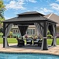 YITAHOME 12x14ft Hardtop Gazebo with Nettings and Curtains, Heavy Duty Double Roof Galvanized Steel Outdoor Combined of Vertical Stripes Roof for Patio, Backyard, Deck, Lawns, Gray