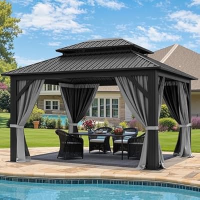 YITAHOME 12x14ft Hardtop Gazebo with Nettings and Curtains, Heavy Duty Double Roof Galvanized Steel Outdoor Combined of Vertical Stripes Roof for Patio, Backyard, Deck, Lawns, Gray