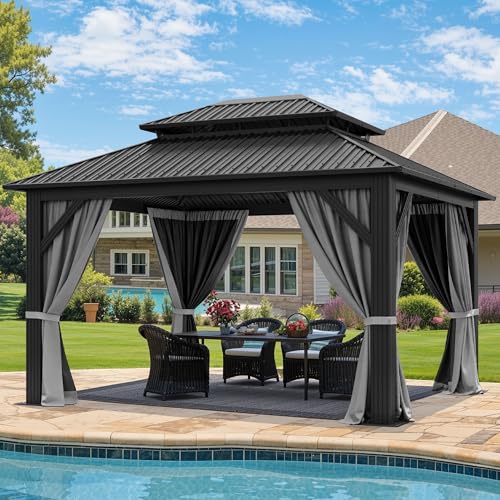 YITAHOME 12x14ft Hardtop Gazebo with Nettings and Curtains, Heavy Duty Double Roof Galvanized Steel Outdoor Combined of Vertical Stripes Roof for Pati
