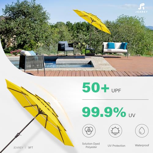Image of JEAREY 9FT 3 Tier Patio Umbrella Outdoor Market Umbrella Table Umbrellas with 8 Ribs 1.5 Pole Push Button Tilt and Crank UV Protection for Garden,Backyard,Yellow