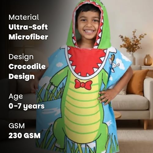 Image of Famyo Poncho Hooded Towel for Kids 1-7 Years | Quick Dry Kids Towel | Soft Lightweight Baby Wrap for Beach | 60 X 60Cm Toddler Pool Towel for Boys & Girls | Micro-Fiber Bath Towels | Crocodile