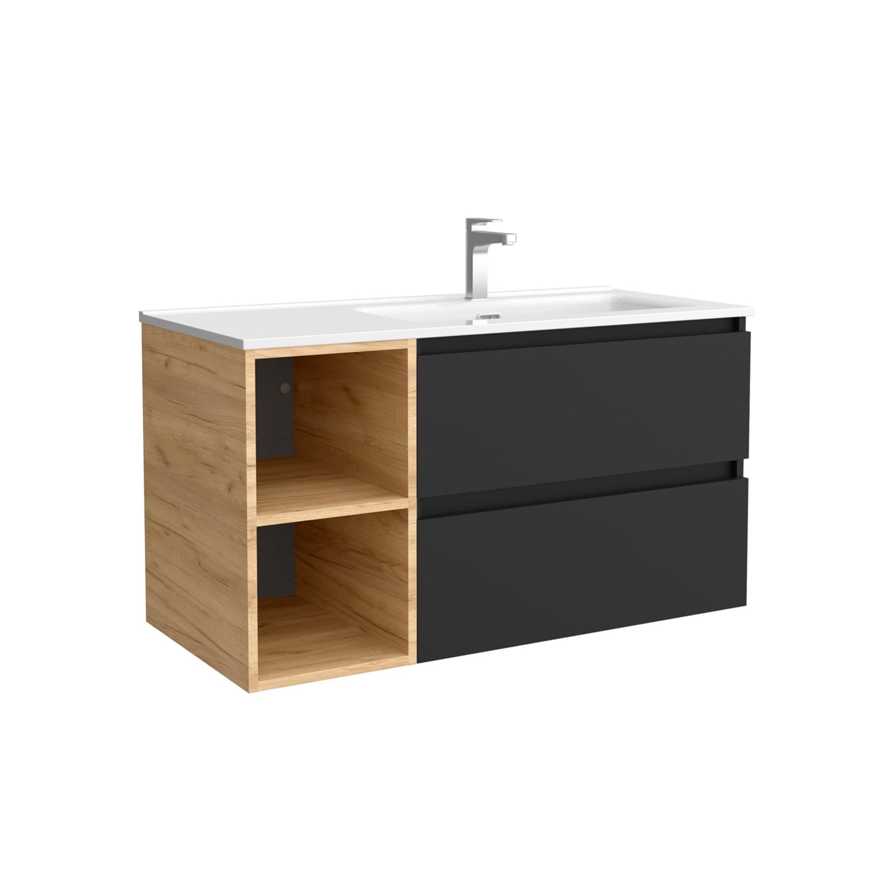 Salgar Mueble de Baño Bequia Plus 100 cm 2 cajones Negro Mate y Coqueta Izquierda 2 Huecos Roble con Lavabo Integrado